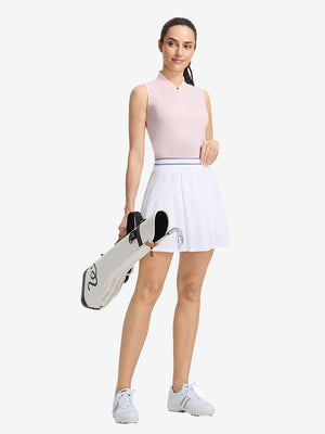 Front full body shot of model exercising in light pink white women's q-zip pin striped texture golf shirts