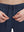 Detail view of elastic waistband on navy 4 way stretch breathable workout athletic shorts