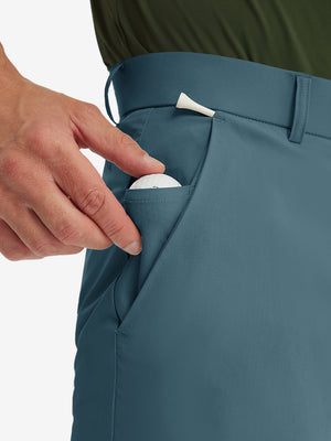 Close-up of side pocket on blue stretch quick dry casual golf pants with 4 pockets