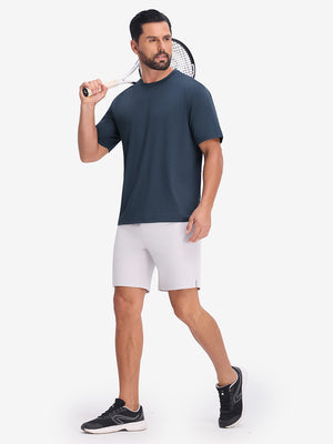 Front full body view in dark blue heather of moisture wicking heather round neck athletic t-shirts.