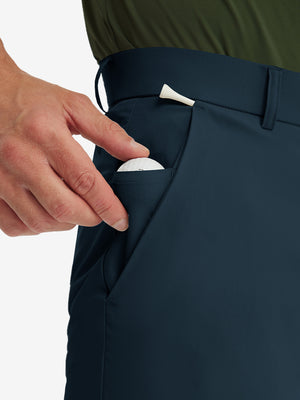 Close-up of side pocket on navy stretch quick dry casual golf pants with 4 pockets