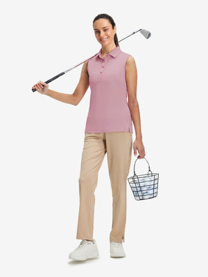 Front full body with golf club in lavender of women's 4 buttons golf polo shirts.