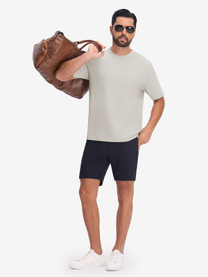 Front full body view in light khaki heather of moisture wicking heather round neck athletic t-shirts.