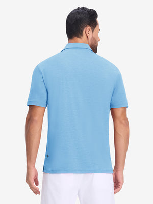 Back upper body view in blue heather of performance heather contrast collar polo shirts.