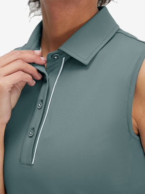 Detail view of cuff on dusty blue women's 4 buttons golf polo shirts