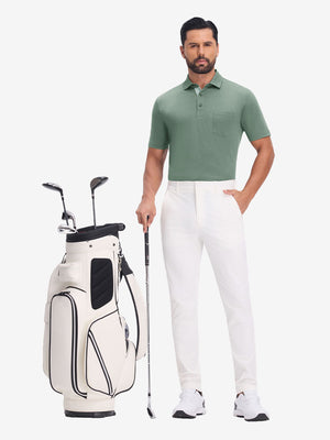 Front full body with golf bag in  celadon green heather of performance heather contrast collar polo shirts.