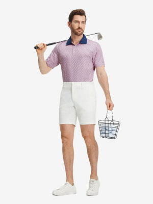 Front full body shot of model exercising in pink golf club premium ribbed collar print polo shirts