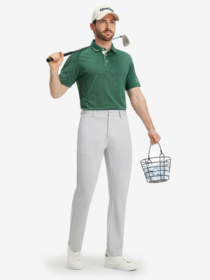 Front full body shot of model wearing green classic lightweight jacquard golf shirts