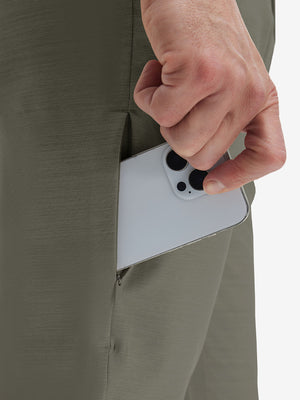 Detail view of side pocket on tea brown straight fit lightweight dress golf pants