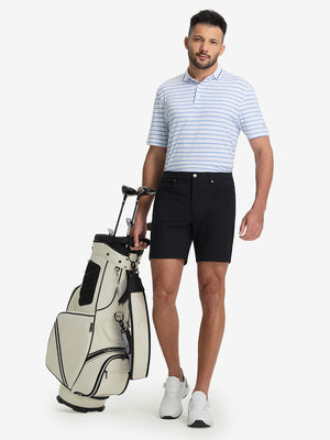 Front full body shot of model exercising in white/cabana swim heather non-curl ribbed collar striped polo shirts
