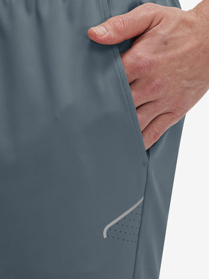 Side view of pocket on grey blue 4 way stretch breathable workout athletic shorts