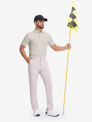 Front full body shot of model wearing oyster gray dry fit waffle textured collared golf shirts