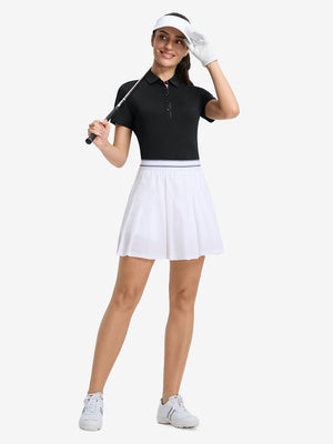Front full body shot of model exercising in black women's 5 buttons collared polo shirts