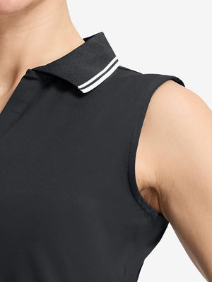 Detail view of armhole on black women's collared v neck quick dry tank tops