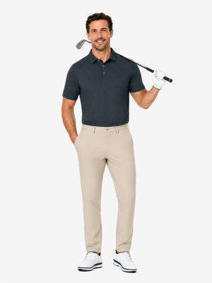 Front full body with golf club in dark gray of nylon blend casual jacquard polo shirts.