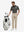 Full front: model in black stripe upgraded two-tone striped quick dry polo shirt holding golf bag.