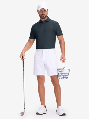 Front full body shot of model wearing dark grey dry fit waffle textured collared golf shirts