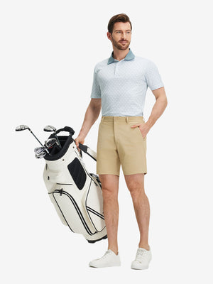 Front full body shot of model exercising in dark grey line premium ribbed collar print polo shirts