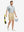 Full front: model in gray geometric stretch printed collarless henley golf shirts holding golf ball.