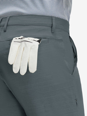 Detail view of side pocket on iron grey straight fit lightweight dress golf pants