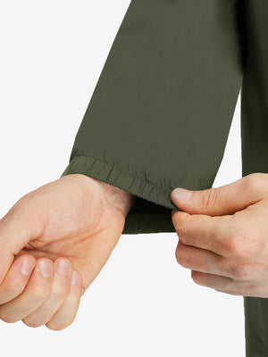 Detail view of cuff on army green waterproof lightweight rain jacket with hood