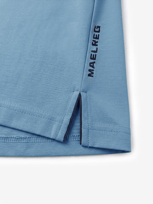 Hem edge texture detail display, ultra-comfort slim fit roma knit polo shirts in light blue