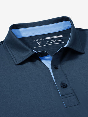 Collar and button detail close-up in dark blue heather of performance heather contrast collar polo shirts.