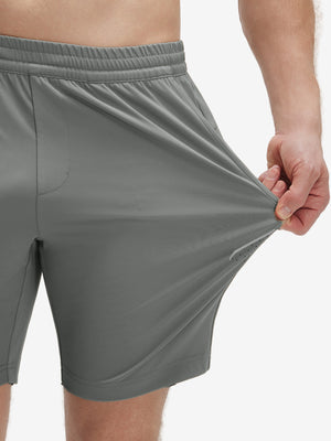 View showing loose fit of iron grey 4 way stretch breathable workout athletic shorts