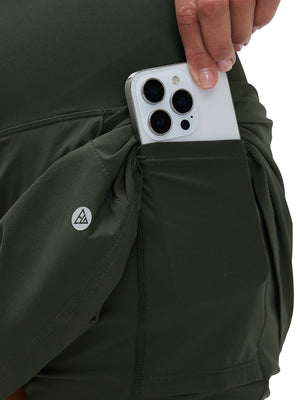 Detail view of inner pocket on army green women's stretch a-line golf skort with 7 pockets