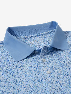 Detail view of collar on blue white abstract maze premium ribbed collar print polo shirts