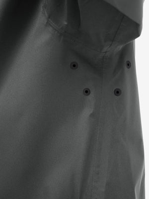 Detail view of underarm on dark grey waterproof lightweight rain jacket with hood