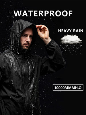 Water repellent feature of black waterproof lightweight rain jacket with hood