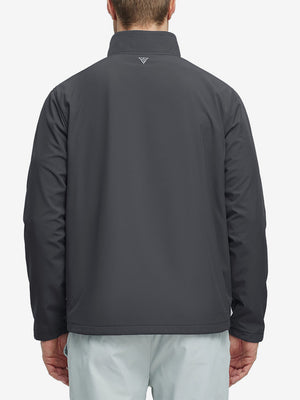 Back half-body shot highlighting the streamlined fit of the dark grey Softshell Jacket