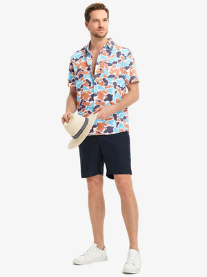 Front half-body view wearing BLUE ORANGE CAMO Stylish Printing Summer Shirt.