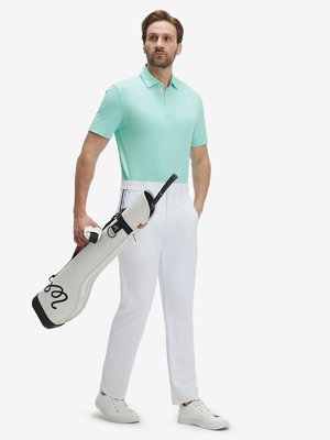 Full-body shot of a model wearing the aqua blue everyday classic solid polo, showing the complete casual look