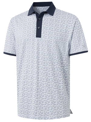 3d view of garment in navy antlers of stylish full print contrast collared golf polo shirts.