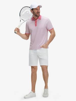 Front full body shot of model wearing keys pattern stylish full print contrast collared golf polo shirts