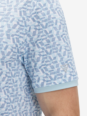 Detail view of cuff on lines geometric stylish full print contrast collared golf polo shirts