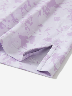 Detail view of hem on violet frost flowers stylish full print contrast collared golf polo shirts